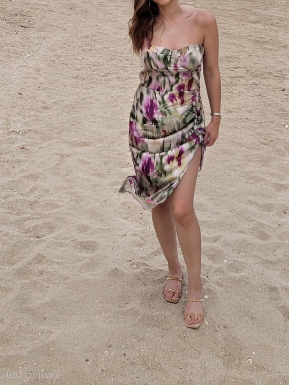 Cider Multicolor Satin Watercolor Dress - Pink, Green, Cream